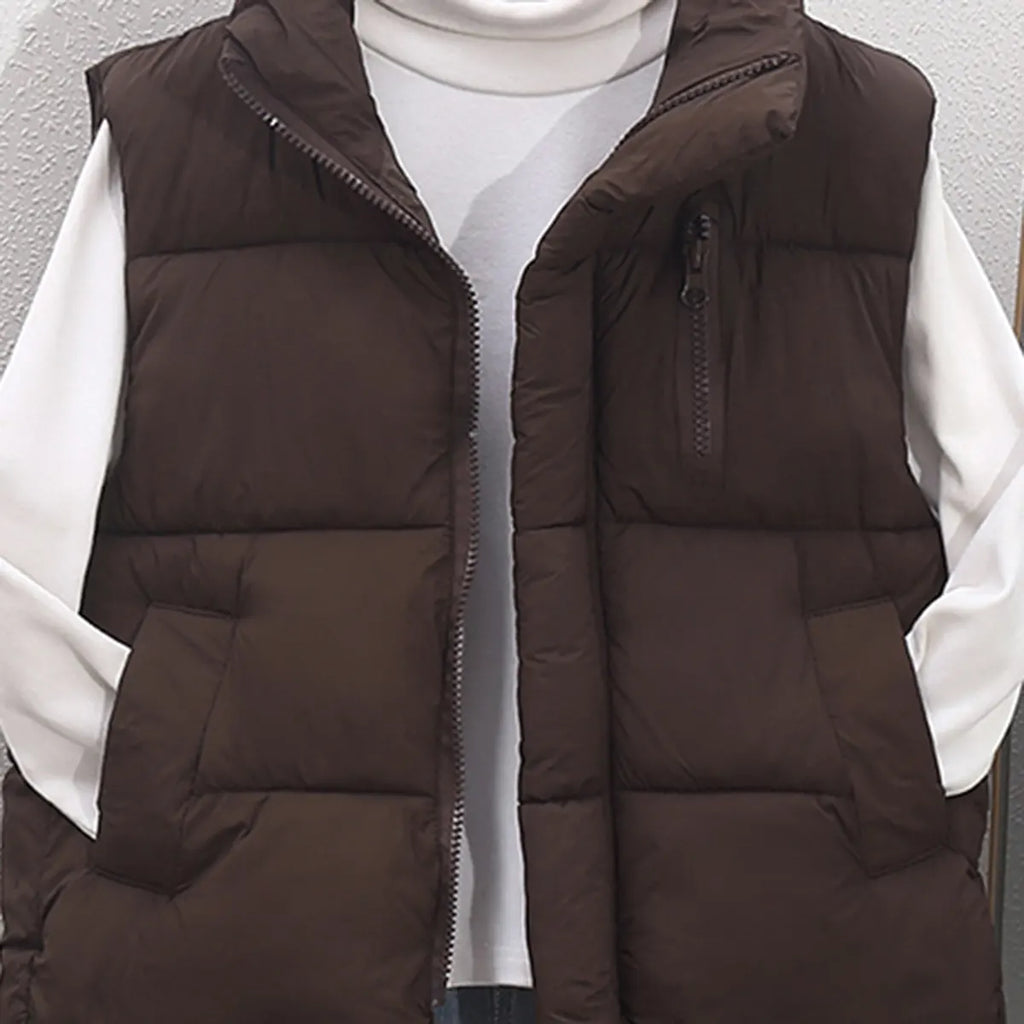 Boys Dark Brown Quilted Puffer Zip-up Vest With Stand-up Collar Coats & Jackets