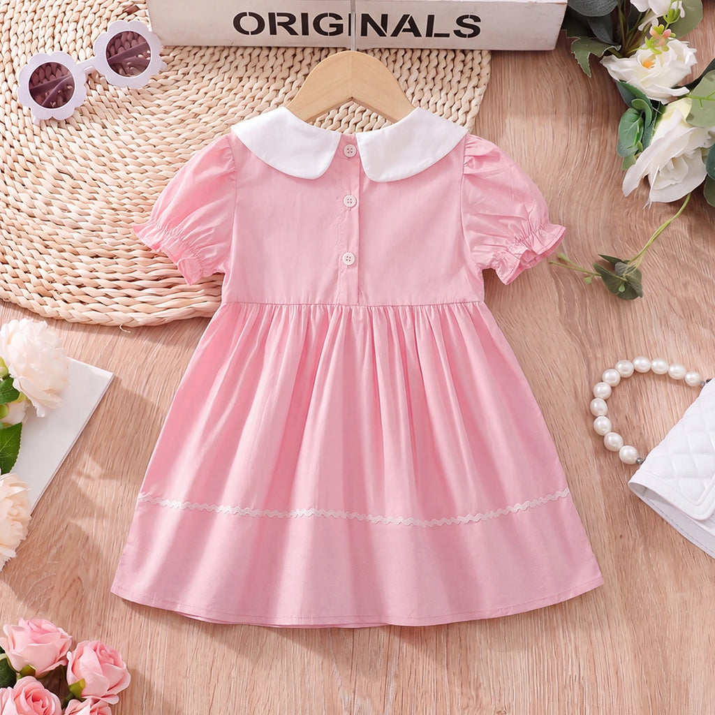 Girls Pink Embroidered Peter Pan Collar Fit & Flare Dress Casual Dresses