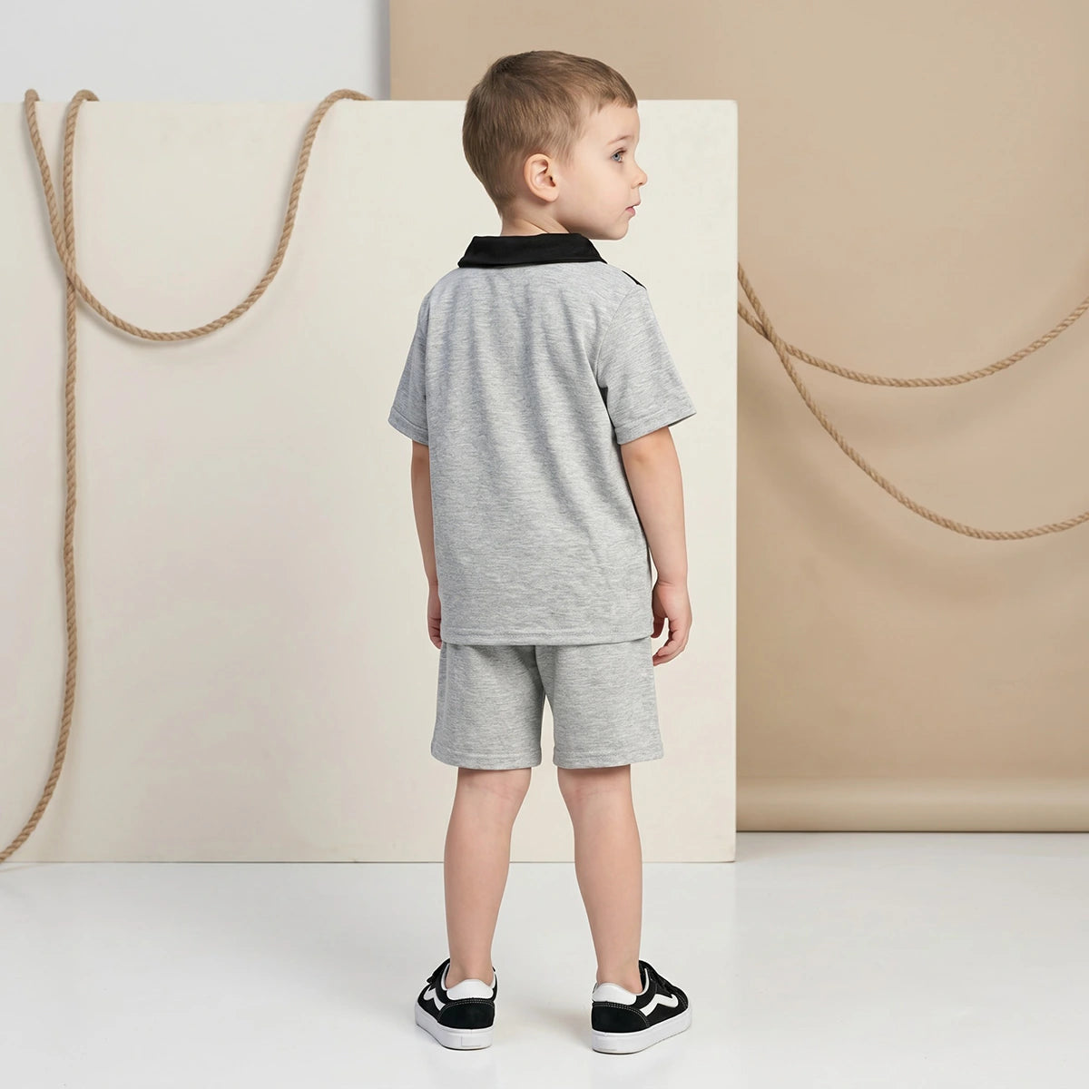 Boys Light Grey Typography Print Short Sleeve Polo T-Shirt With Shorts Sets 2 pc. Sets