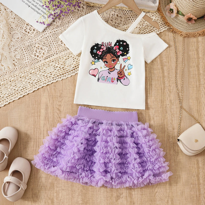 Girls Graphics One Shoulder Top With Purple Tulle Ruffled Skirts Set Sets Purple 3-4 Y