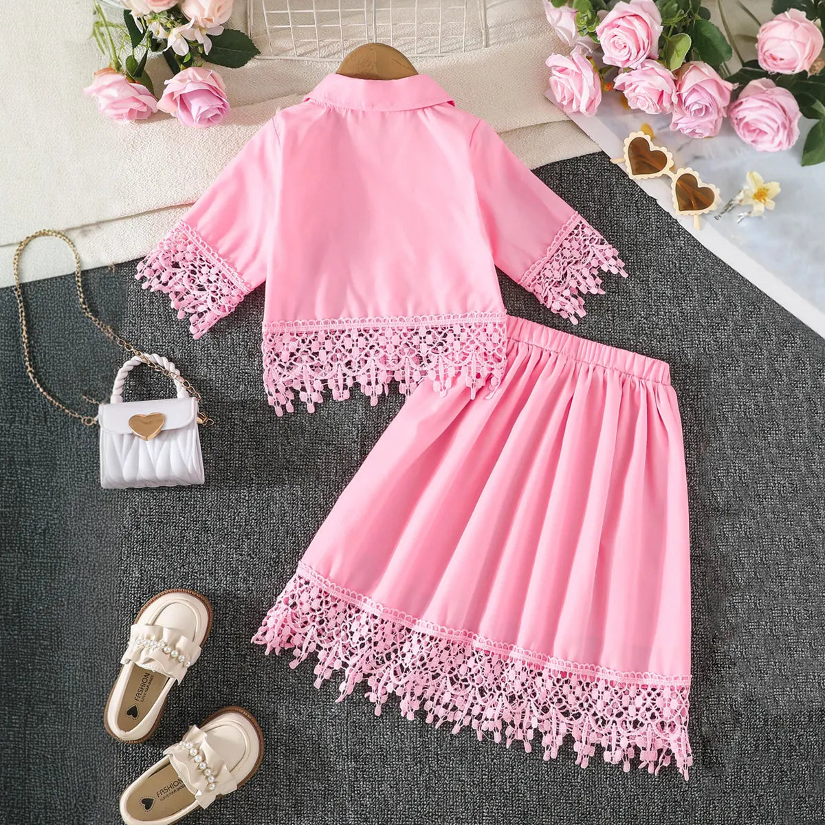 Girls Pink Floral Embroidered Top With Skirt Co-ord Sets Sets