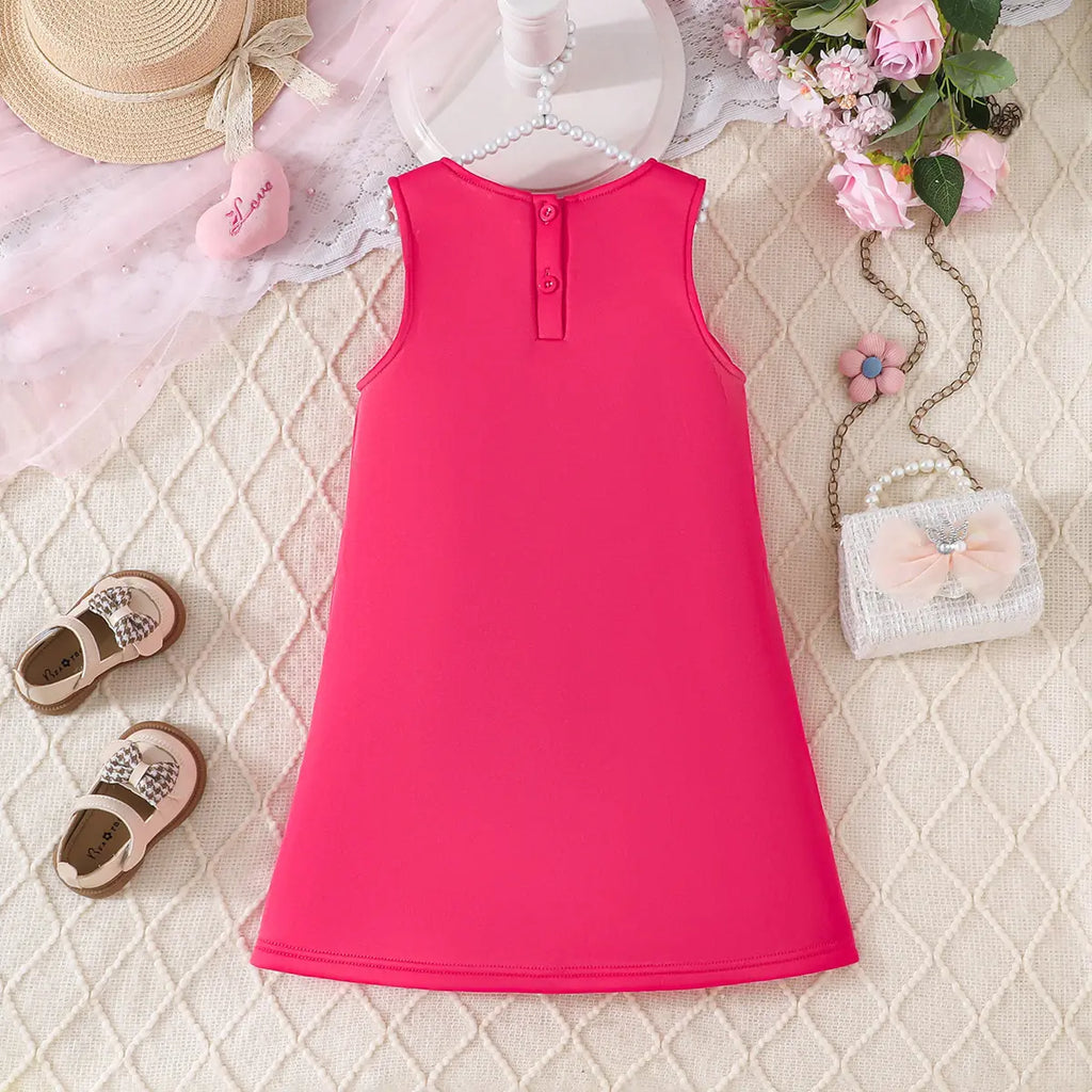 Girls Fuchsia Sleeveless A-line Dress With Large 3D Flowers Applique Casual Dresses