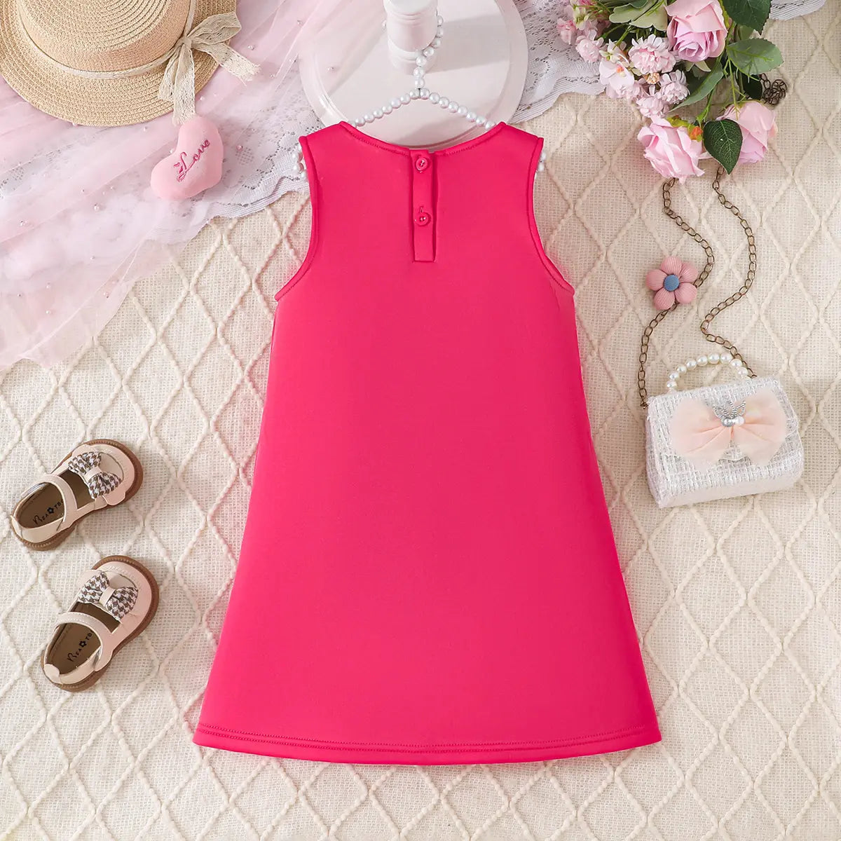 Girls Fuchsia Sleeveless A-line Dress With Large 3D Flowers Applique Casual Dresses