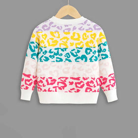 Girls Off White Self-Design Leopard Patterns Sweater Sweaters & Cardigans