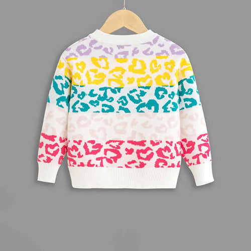Girls Off White Self-Design Leopard Patterns Sweater Sweaters & Cardigans