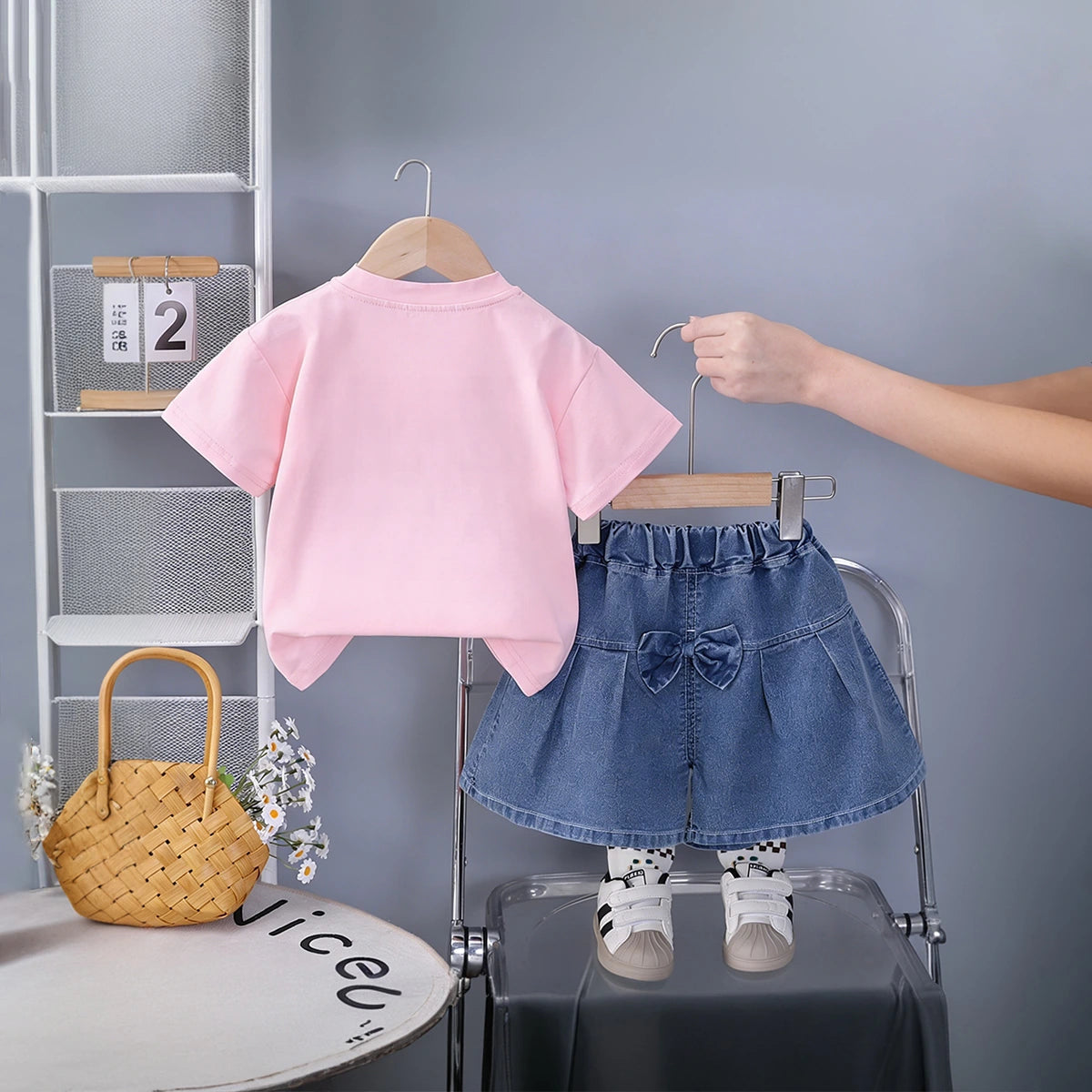 Girls Pink Cherry Embellished T-Shirt With Pleated Denim Shorts Set Sets