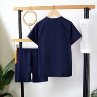 Boys Navy Blue Typographic Print T-Shirt With Shorts Swimwear Sets Beachwear