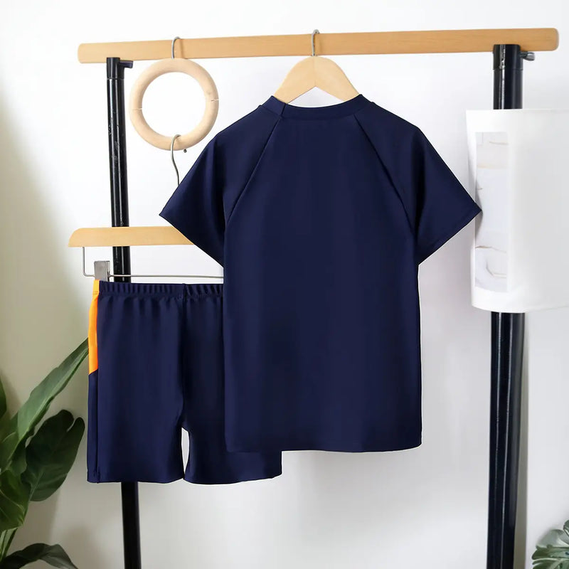 Boys Navy Blue Typographic Print T-Shirt With Shorts Swimwear Sets Beachwear
