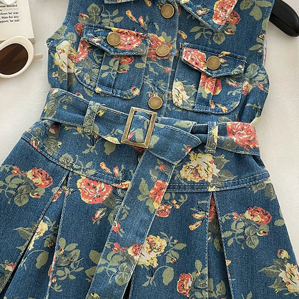 Girls Blue Floral Print Sleeveless Denim Shirt Dress Casual Dresses