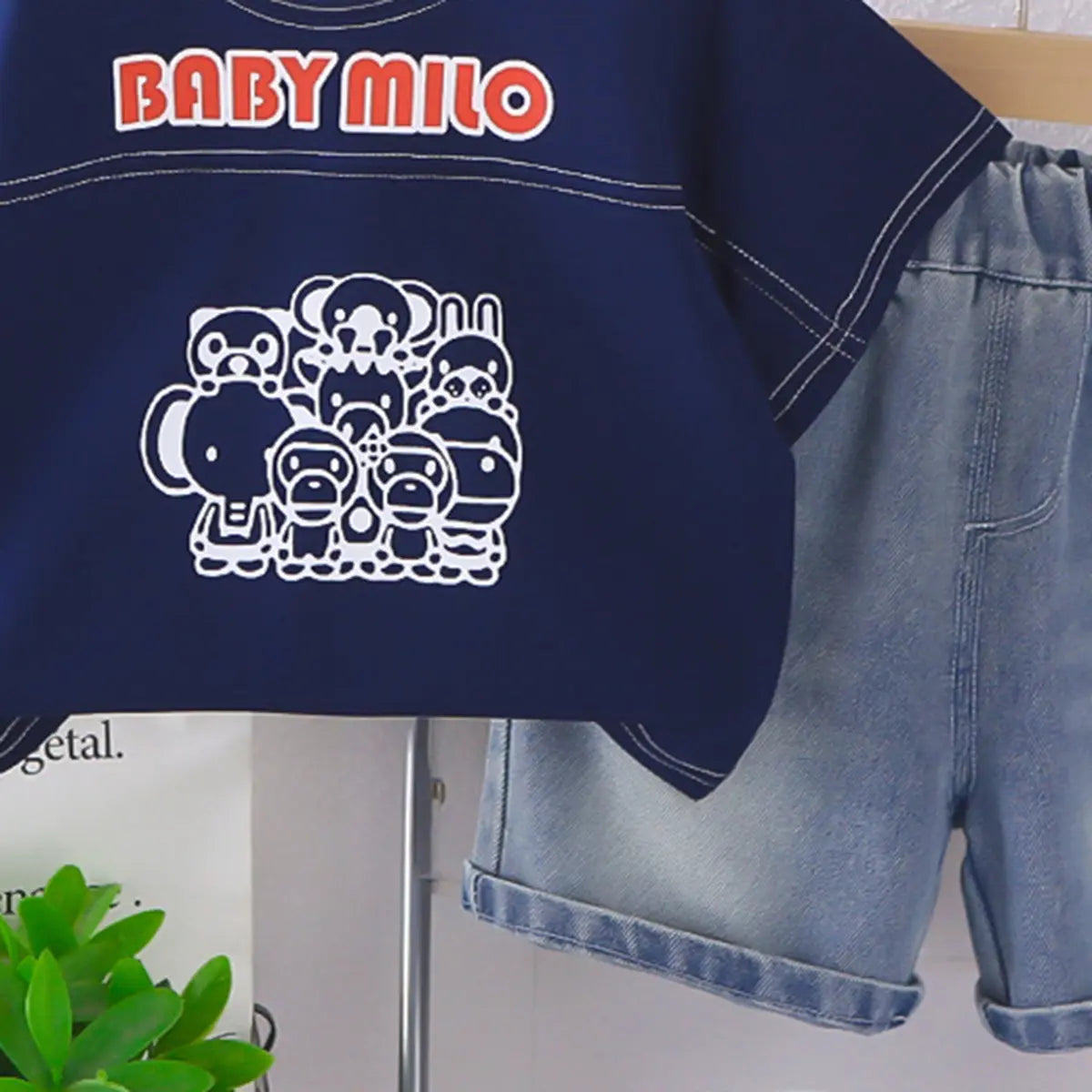 Boys Blue Graphic T-Shirt With Denim Shorts Sets Sets
