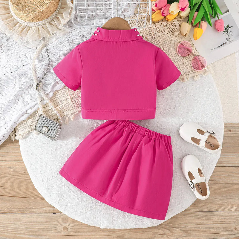 Girls Fuchsia Self-Design Crop Length Top With Skirt Sets 2 pc. Sets