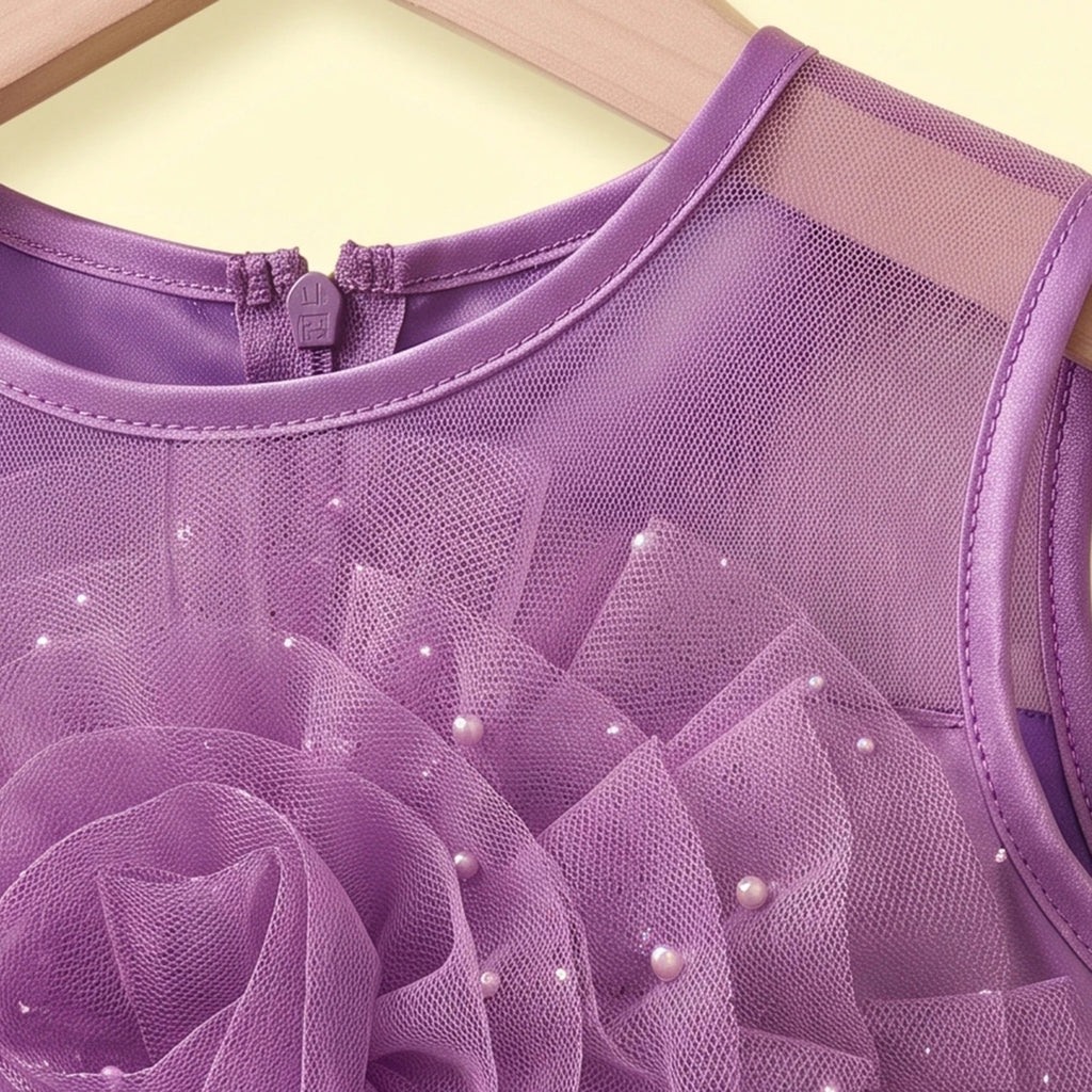 Girls Purple Floral Applique Sleeveless High-Low Party Dress Party Dresses