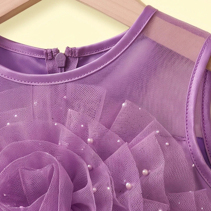 Girls Purple Floral Applique Sleeveless High-Low Party Dress Party Dresses