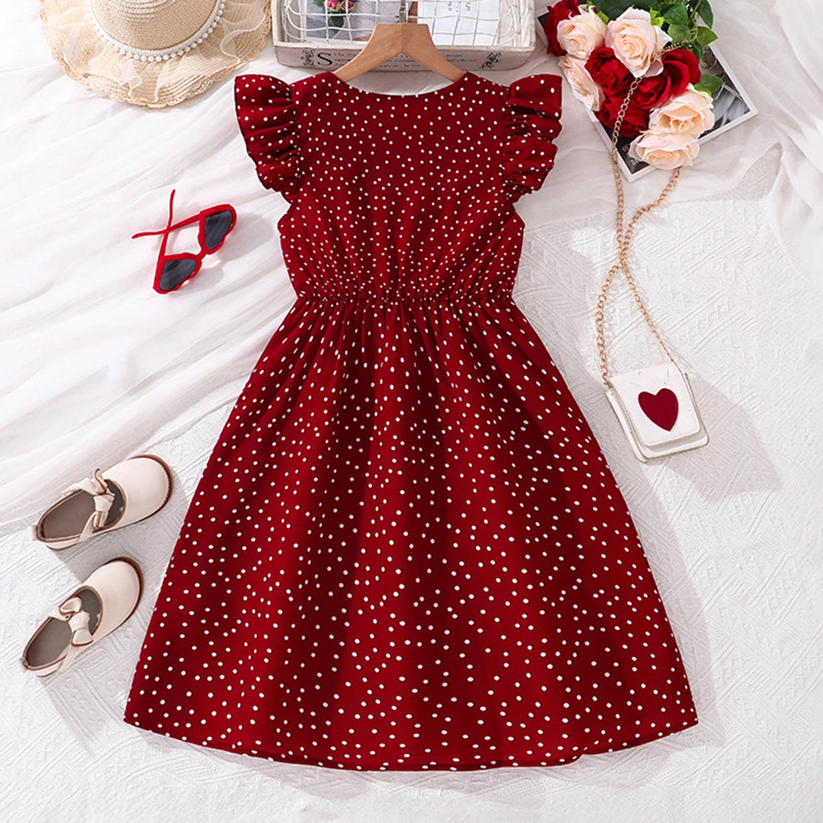 Girls Maroon Polka Dot Print Flutter Sleeve Fit & Flare Dress Casual Dresses