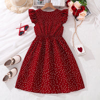 Girls Maroon Polka Dot Print Flutter Sleeve Fit & Flare Dress Casual Dresses