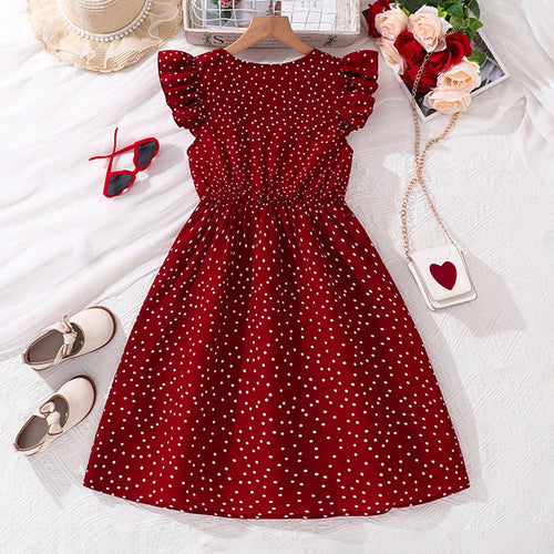 Girls Maroon Polka Dot Print Flutter Sleeve Fit & Flare Dress Casual Dresses
