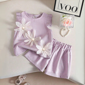 Girls Lavender Floral Applique Short Sleeve Top With Shorts Sets 2 pc. Sets Lavender 1-2 Y