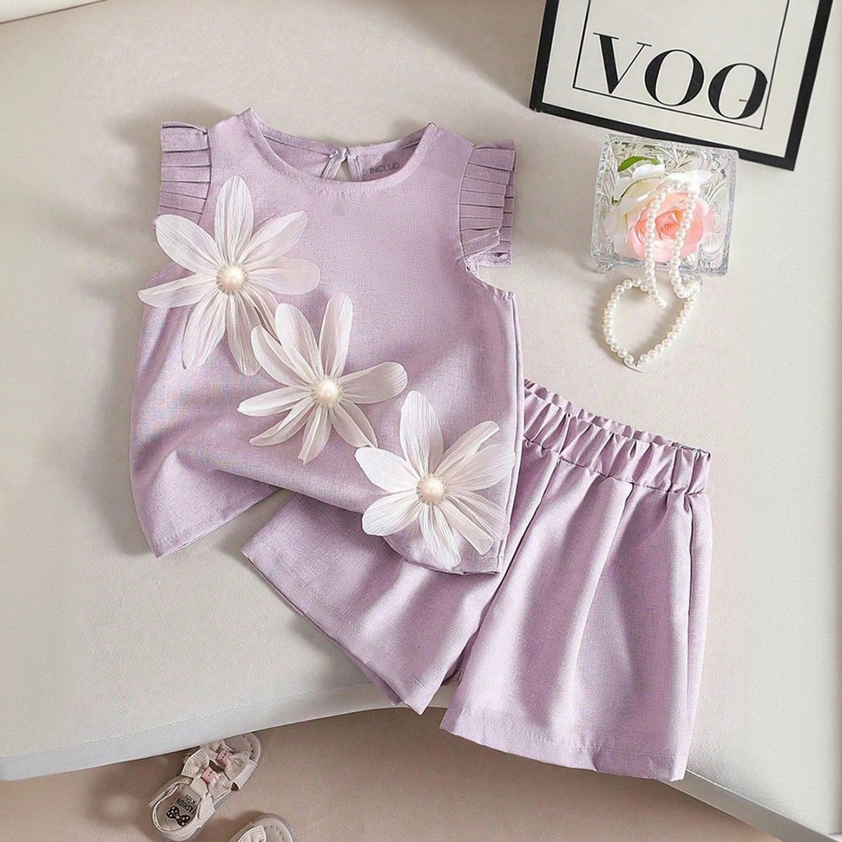 Girls Lavender Floral Applique Short Sleeve Top With Shorts Sets 2 pc. Sets Lavender 1-2 Y