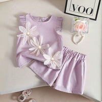 Girls Lavender Floral Applique Short Sleeve Top With Shorts Sets 2 pc. Sets Lavender 1-2 Y
