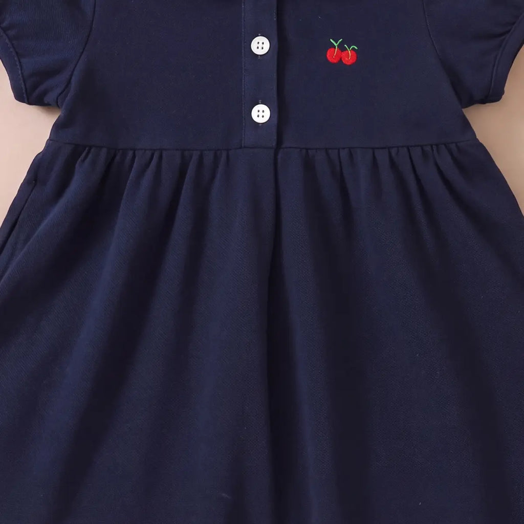 Girls Navy Blue Cherry Applique Puff Sleeve A-Line Dress Casual Dresses