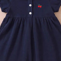Girls Navy Blue Cherry Applique Puff Sleeve A-Line Dress Casual Dresses