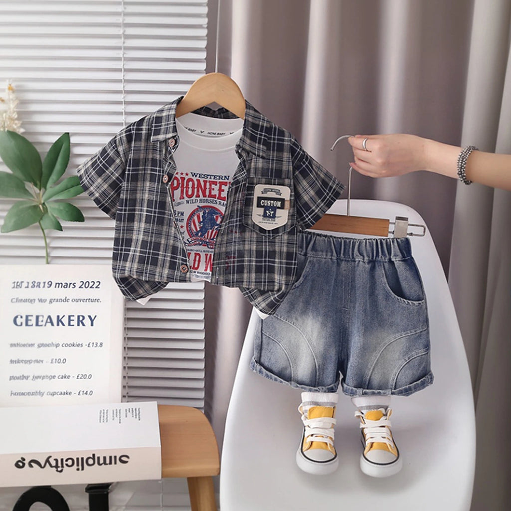Boys Black Checked Shirt With Graphic T-Shirt & Denim Shorts Set Sets Black 1-2 Y