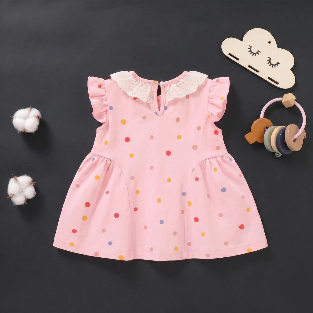 Girls Pink Polka Dot Print Flutter Sleeve A-line Dress Casual Dresses