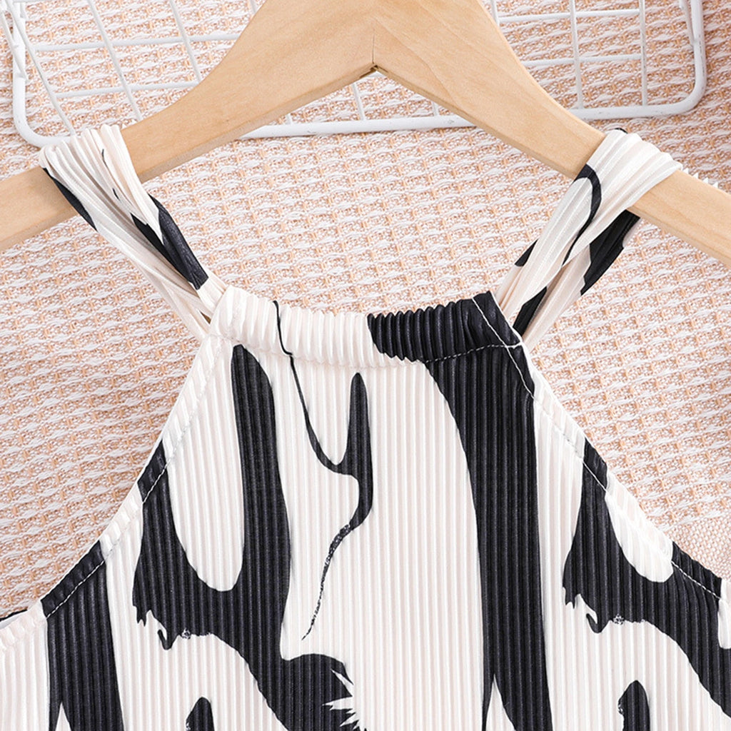 Girls Black Abstract Print Pleated Sleeveless Dress Casual Dresses