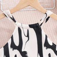Girls Black Abstract Print Pleated Sleeveless Dress Casual Dresses