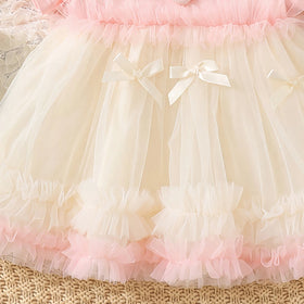 Girls Pink Bow Applique Short Sleeve Fit & Flare Dress Casual Dresses