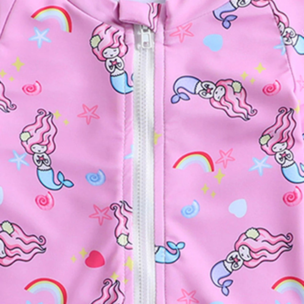 Girls Pink Mermaid Printed Half Zipper Swimwear Bodysuit Beachwear