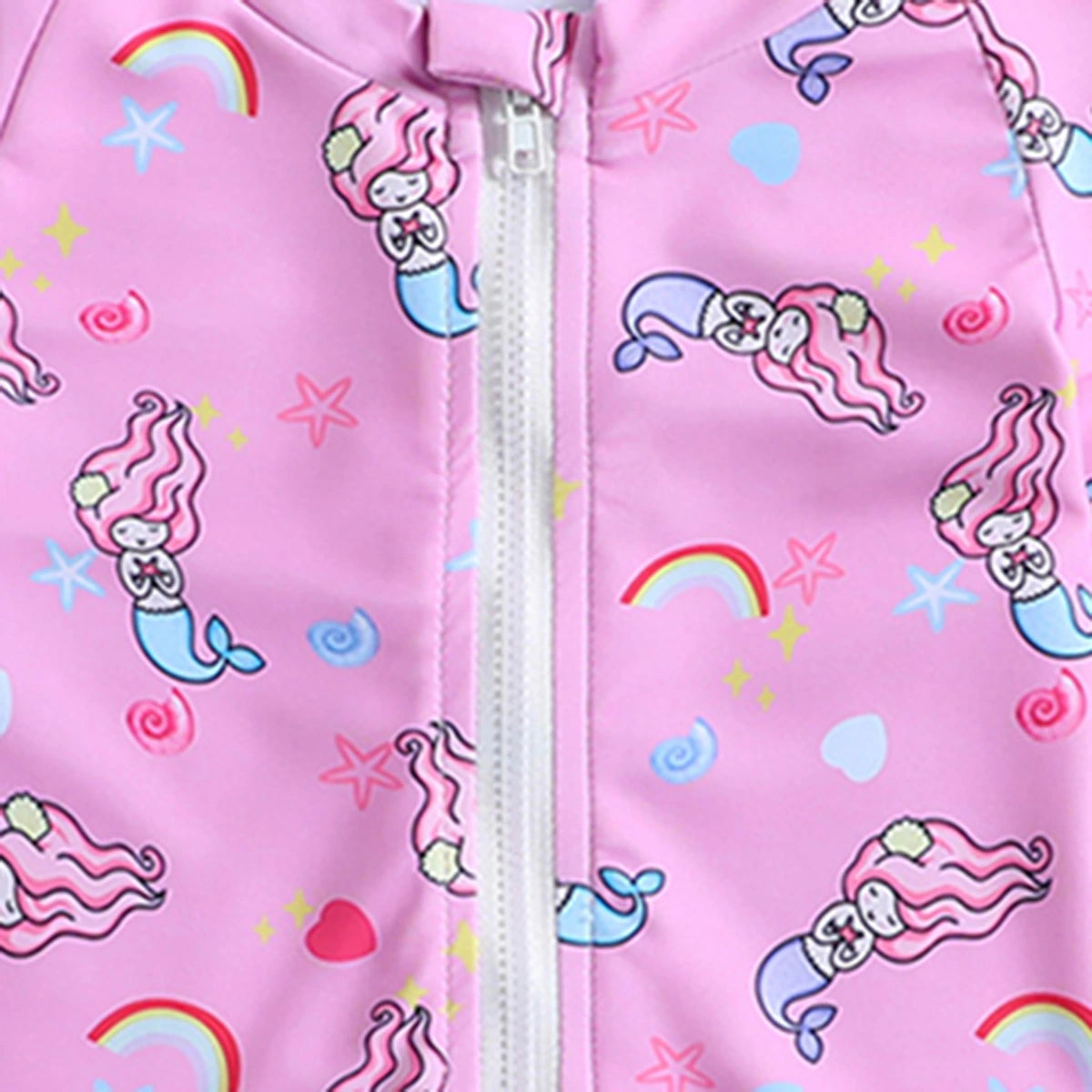 Girls Pink Mermaid Printed Half Zipper Swimwear Bodysuit Beachwear