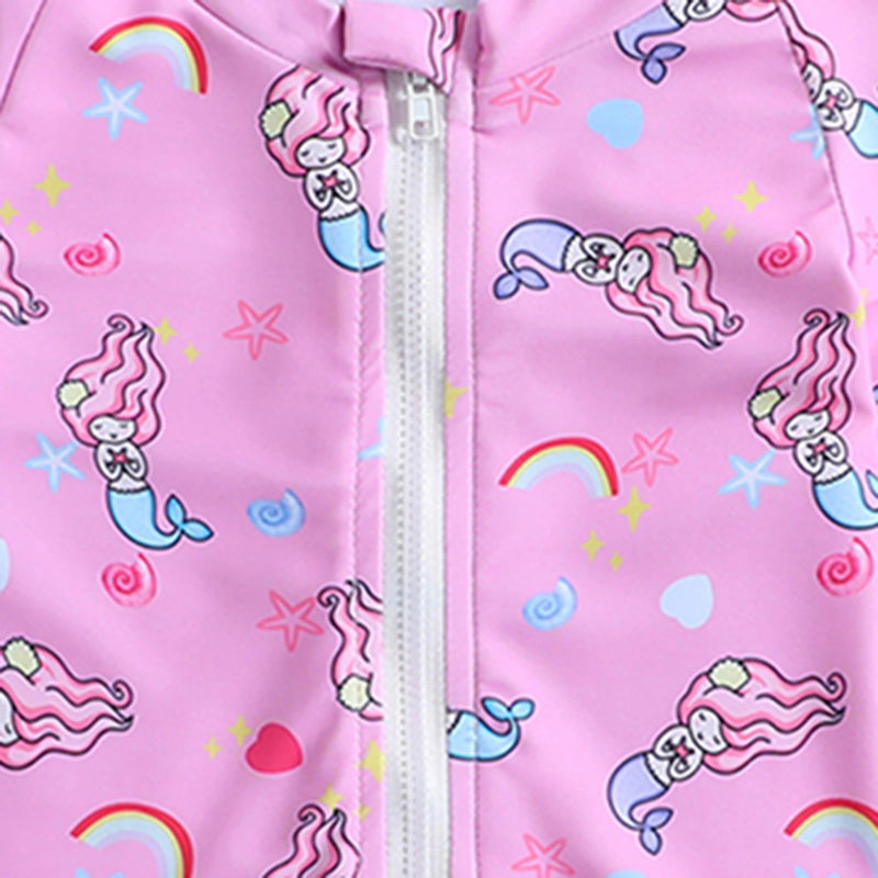Girls Pink Mermaid Printed Half Zipper Swimwear Bodysuit Beachwear