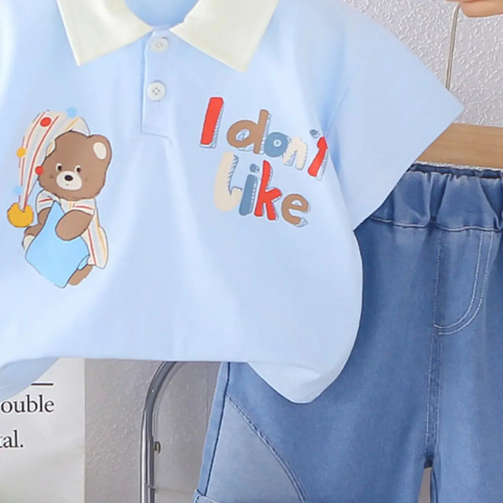 Boys Blue Bear Print Polo T-Shirt With Denim Shorts Sets Sets