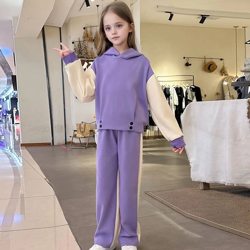 Girls Purple Color-blocked Hooded Sweatshirt With Pants Set Sets