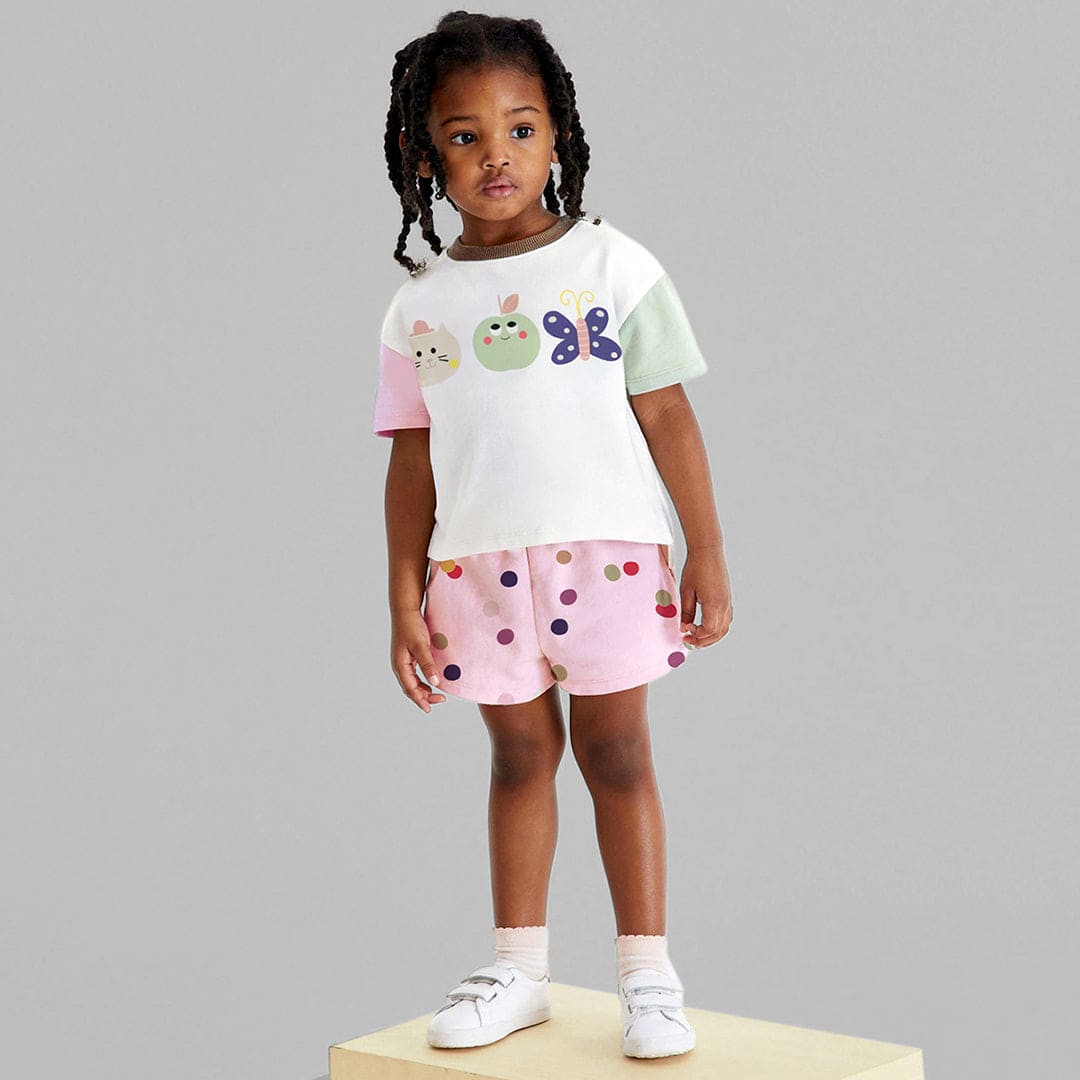 Girls Cartoon Graphic Top With Polka Dot Printed Shorts Sets White 1-2 Y 