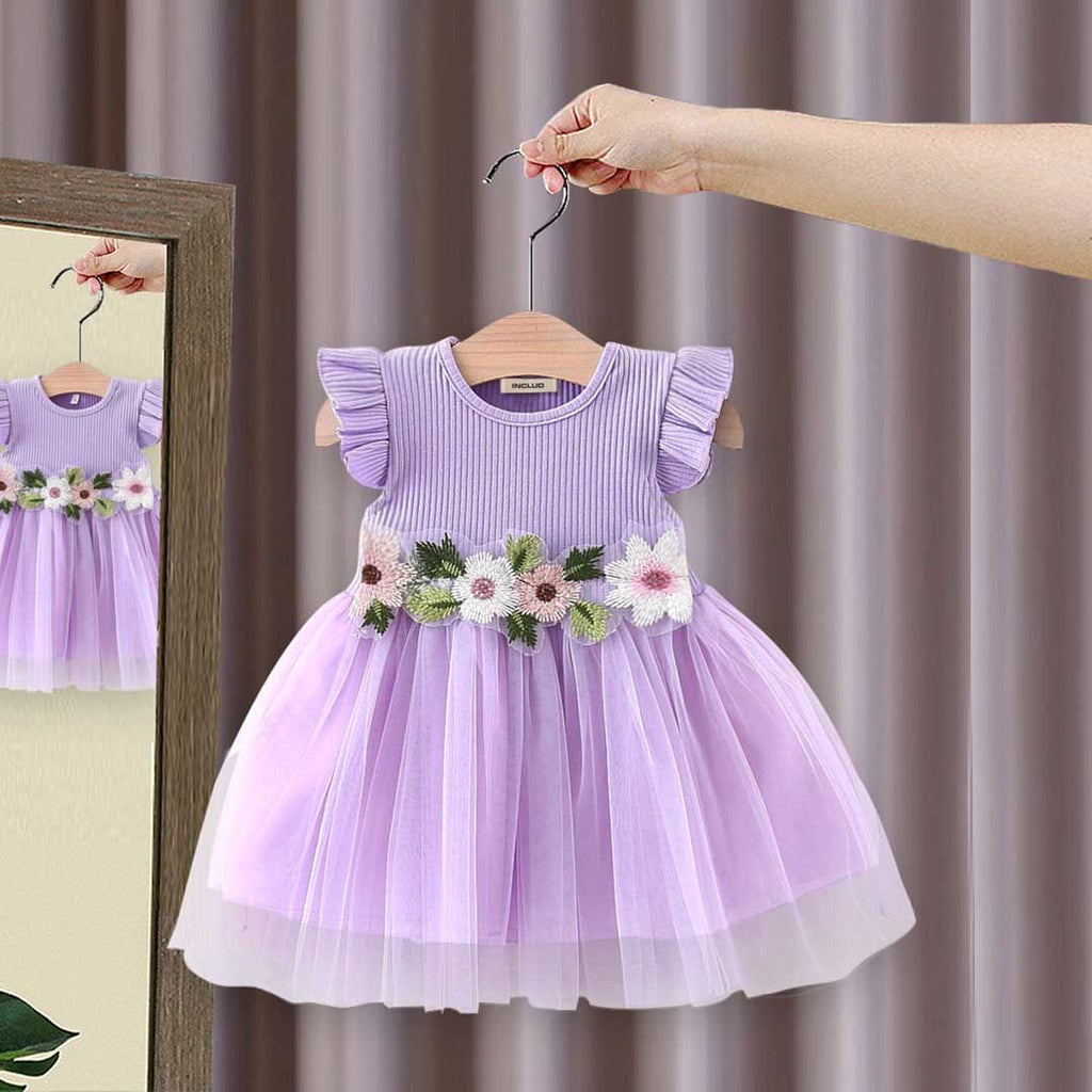 Girls Flower Patch Belt Tulle Overlay Dress