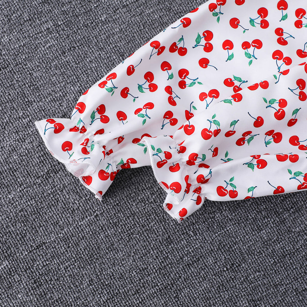 Girls White Cherry Printed Smocked Maxi Dress Casual Dresses
