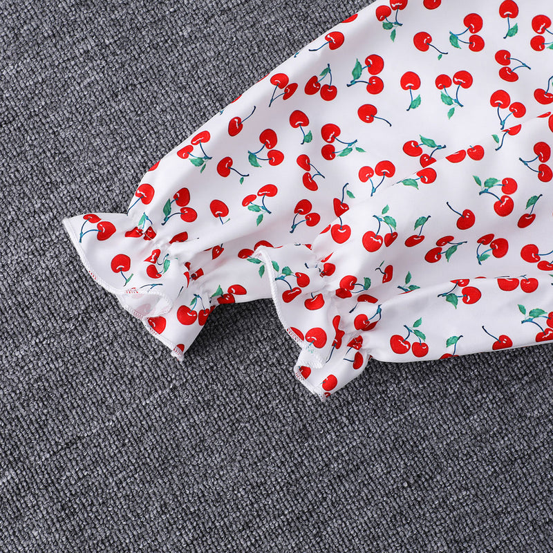 Girls White Cherry Printed Smocked Maxi Dress Casual Dresses
