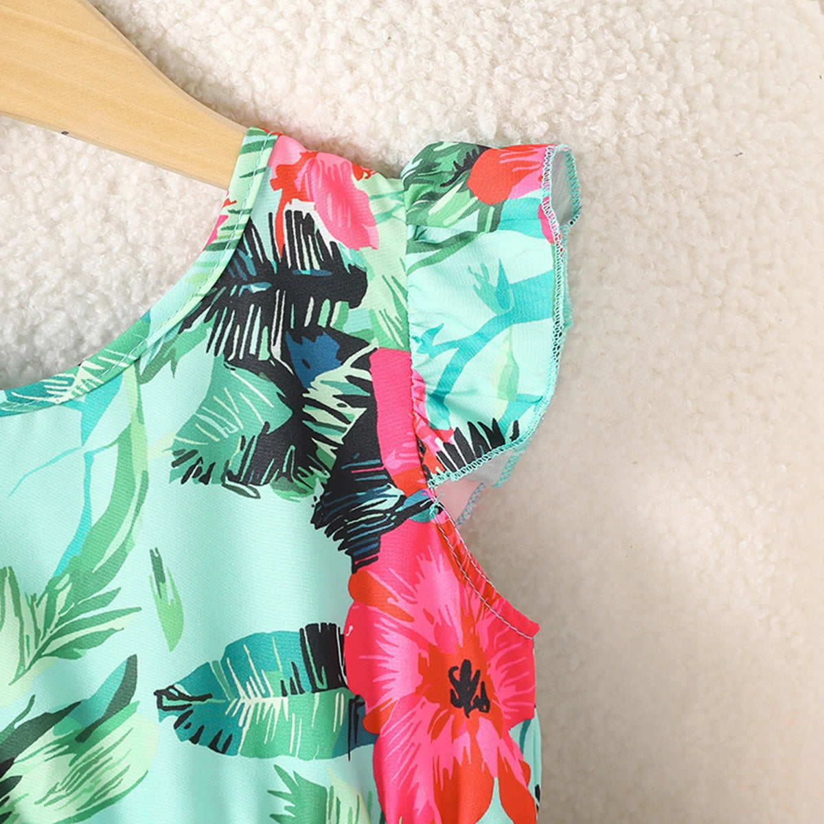 Girls Sea Green Tropical Floral Print Flutter Sleeve A-Line Dress Casual Dresses