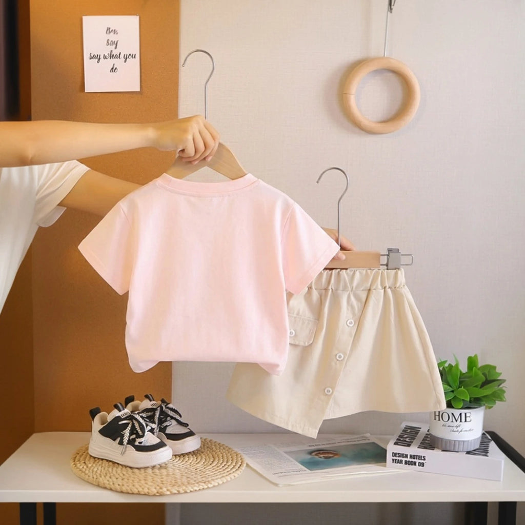 Girls Pink Handbag Graphic Short Sleeve T-Shirt With Asymmetric Shorts Sets 2 pc. Sets