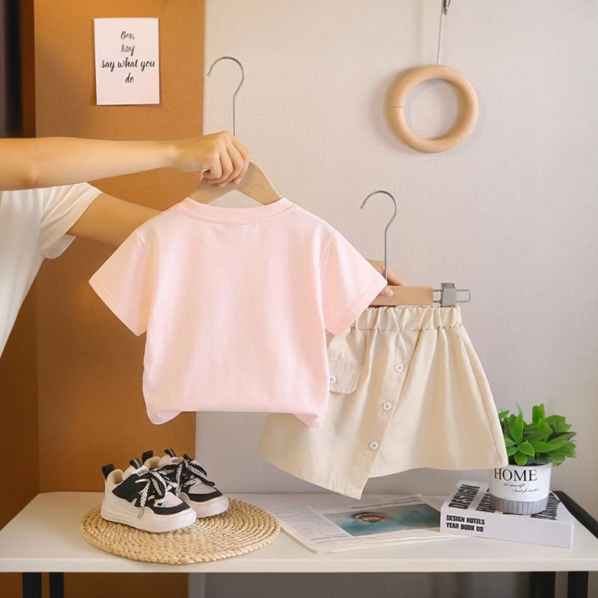 Girls Pink Handbag Graphic Short Sleeve T-Shirt With Asymmetric Shorts Sets 2 pc. Sets