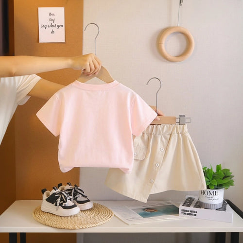 Girls Pink Handbag Graphic Short Sleeve T-Shirt With Asymmetric Shorts Sets 2 pc. Sets