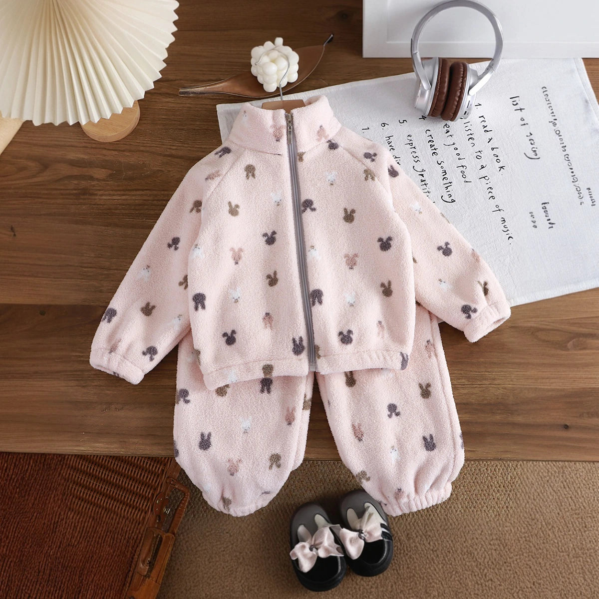 Girls Light Pink Fleece Bunny Cartoon Printed Zip-up Jacket With Jogger Co-ord Sets Sets Light Pink 1-2 Y