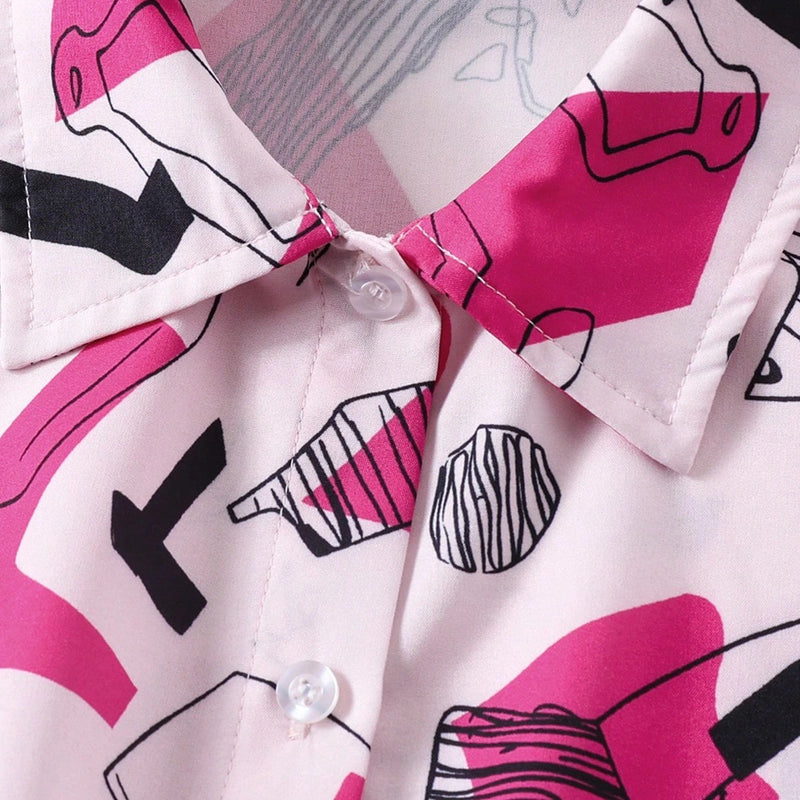 Girls Fuchsia Abstract Printed Short Sleeves Top With Skirt Sets Sets