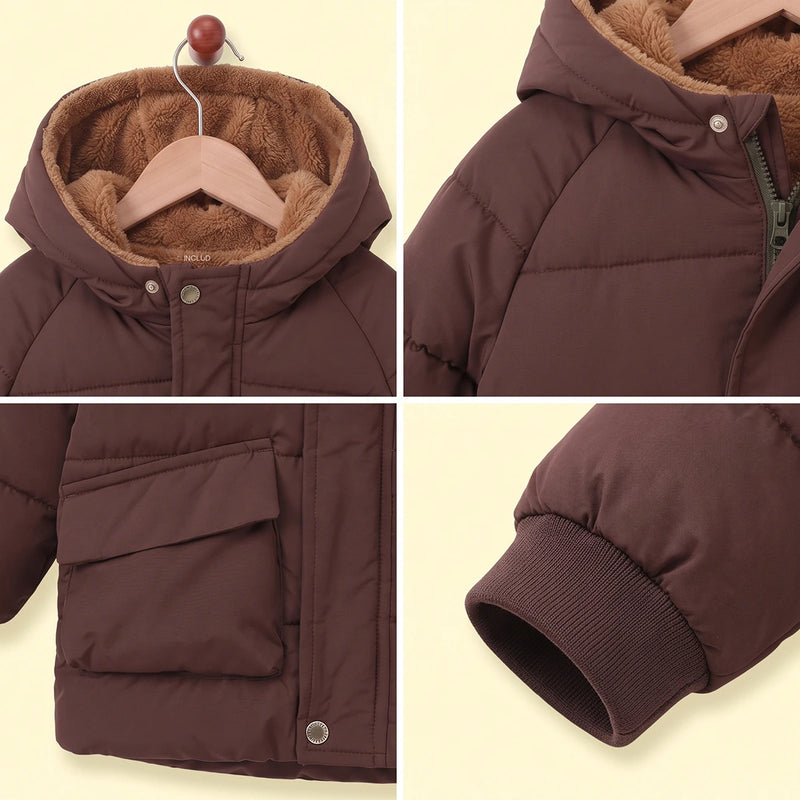 Boys Dark Brown Fur Hooded Puffer Jacket Coats & Jackets