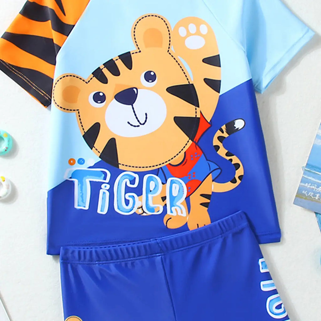 Boys Blue Tiger Cartoon Print T-Shirt With Shorts & Swim Cap Swimwear Sets Beachwear