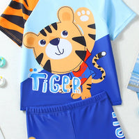 Boys Blue Tiger Cartoon Print T-Shirt With Shorts & Swim Cap Swimwear Sets Beachwear