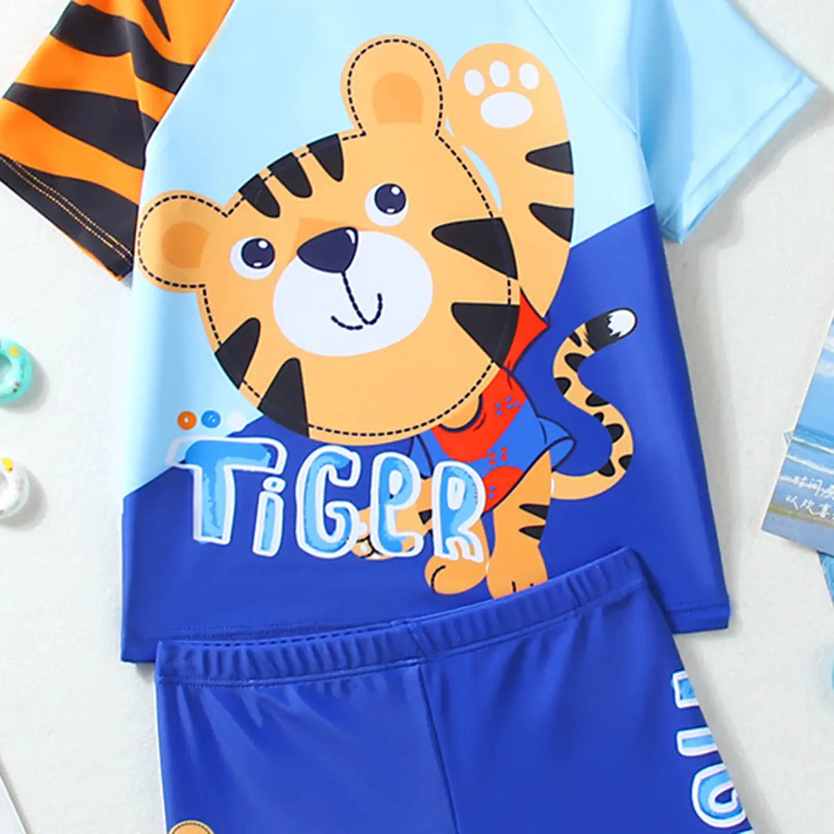 Boys Blue Tiger Cartoon Print T-Shirt With Shorts & Swim Cap Swimwear Sets Beachwear