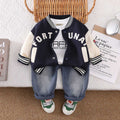 Boys Navy Blue Printed Varsity Jacket with Printed T-shirt & Jeans Set Sets Navy Blue 1-2 Y